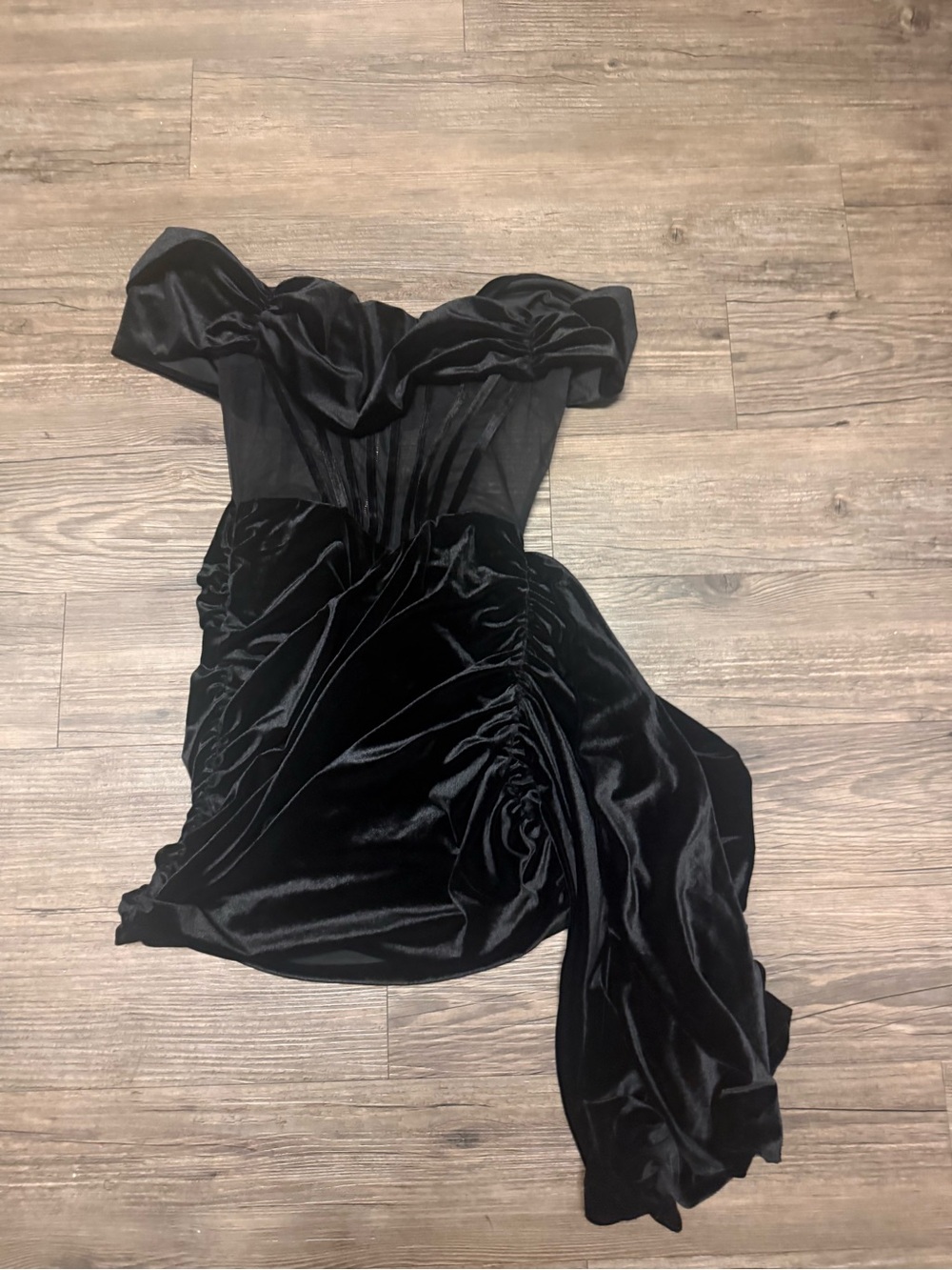 Fashion Nova Black One-Shoulder Velvet Ruched Evening Dress